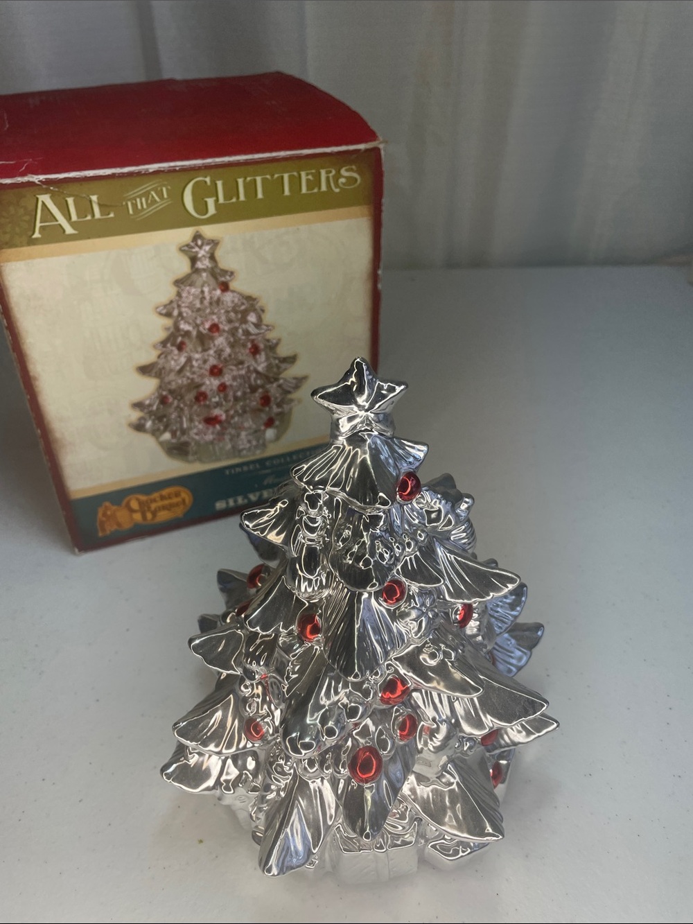 Cracker Barrel Silver Ceramic Christmas Tree with Red Ornaments